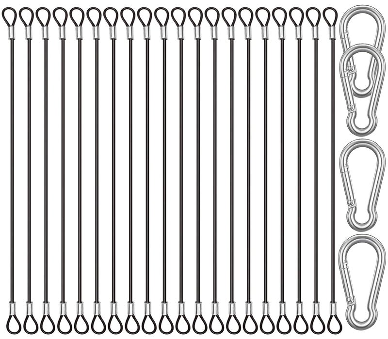 CKANDAY 20 Pack 6 Inch(15cm) Safety Stainless Steel Tethers with 4 Pcs Spring Snap Hook Clips, Steel Wire Cable with Loops Vinyl Cover Coated Short Rope Lanyard Lock Safety Tether Chains, Black - Image 1